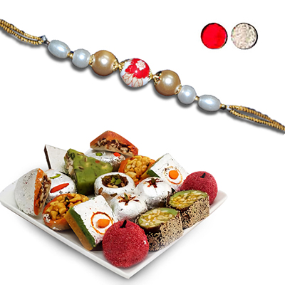 "Pearl rakhi - JPJUN-19-32-032  (1 RAKHI), 500gms Kaju Assorted Sweets - Click here to View more details about this Product